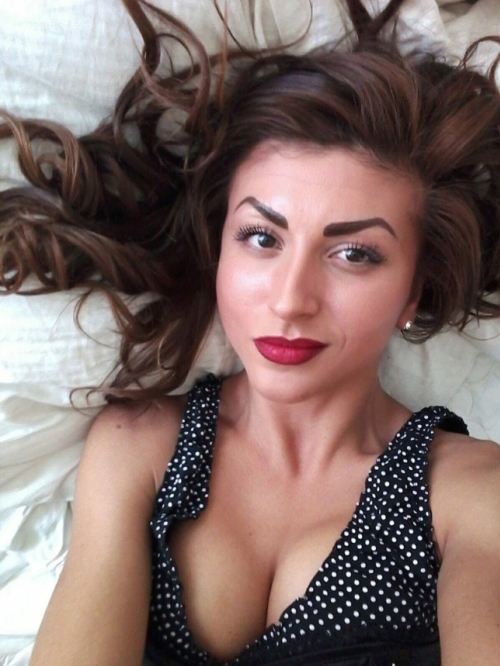 Skinny Brunette with Exposed Intimate Areas Eager to Take Selfie with Cock in Mouth