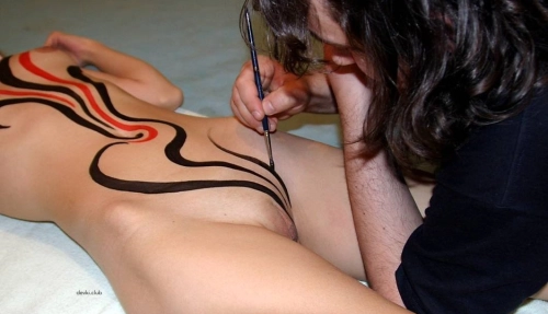 Explicit Body Art on Nude Female Body: Sensual Erotic Painting